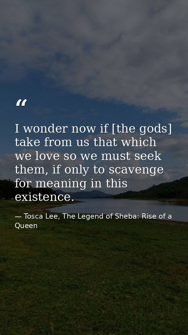 I wonder now if [the gods] take from us that which we love so we must seek them, if only to scavenge for meaning in this — Tosca Lee, The Legend of Sheba: Rise of a Queen