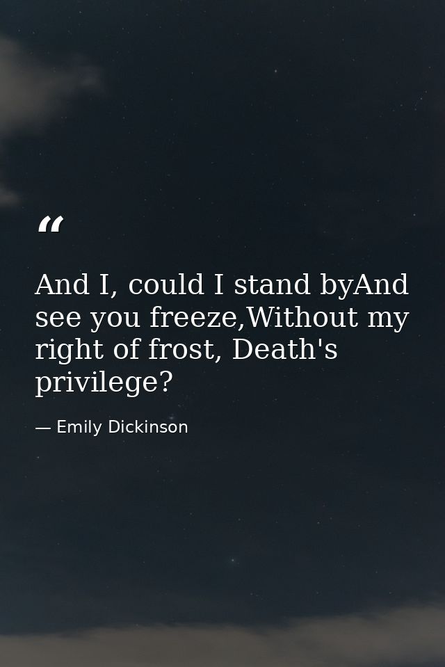 And I, could I stand byAnd see you freeze,Without my right of frost, Death's privilege? — Emily Dickinson