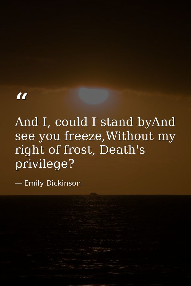And I, could I stand byAnd see you freeze,Without my right of frost, Death's privilege? — Emily Dickinson