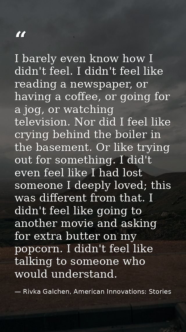 I barely even know how I didn't feel. I didn't feel like reading a newspaper, or having a coffee, or going for a jog, or — Rivka Galchen, American Innovations: Stories