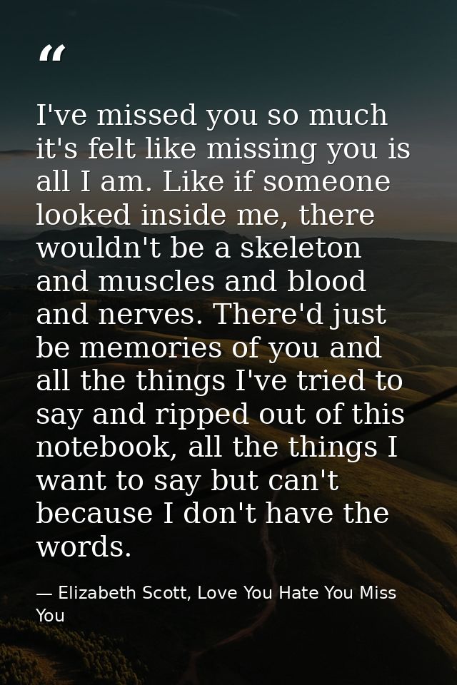 I've missed you so much it's felt like missing you is all I am. Like if someone looked inside me, there wouldn't be a sk — Elizabeth Scott, Love You Hate You Miss You