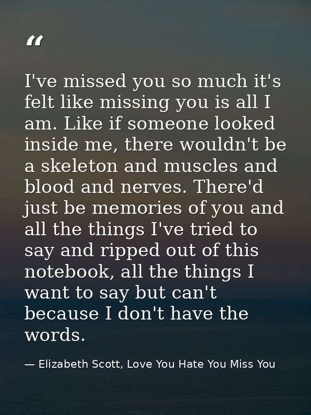 I've missed you so much it's felt like missing you is all I am. Like if someone looked inside me, there wouldn't be a sk — Elizabeth Scott, Love You Hate You Miss You