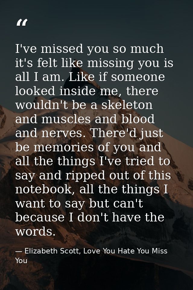 I've missed you so much it's felt like missing you is all I am. Like if someone looked inside me, there wouldn't be a sk — Elizabeth Scott, Love You Hate You Miss You