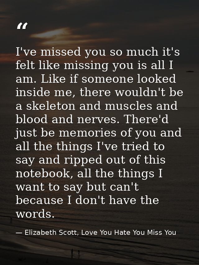 I've missed you so much it's felt like missing you is all I am. Like if someone looked inside me, there wouldn't be a sk — Elizabeth Scott, Love You Hate You Miss You