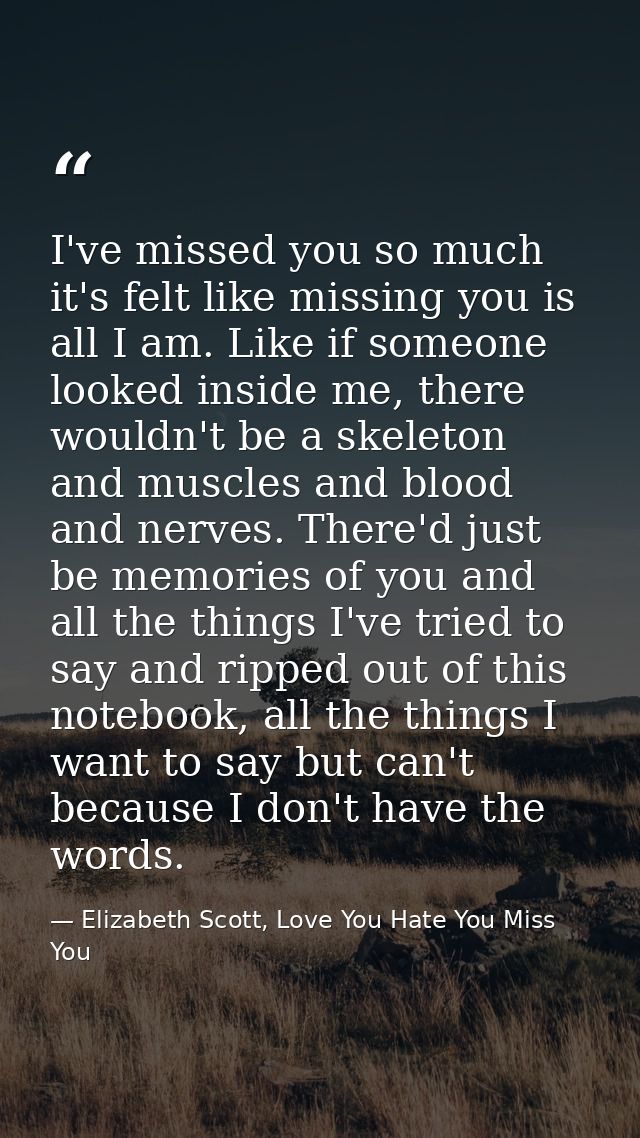 I've missed you so much it's felt like missing you is all I am. Like if someone looked inside me, there wouldn't be a sk — Elizabeth Scott, Love You Hate You Miss You