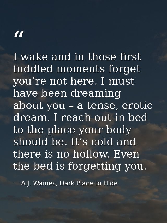 I wake and in those first fuddled moments forget you’re not here. I must have been dreaming about you – a tense, erotic  — A.J. Waines, Dark Place to Hide