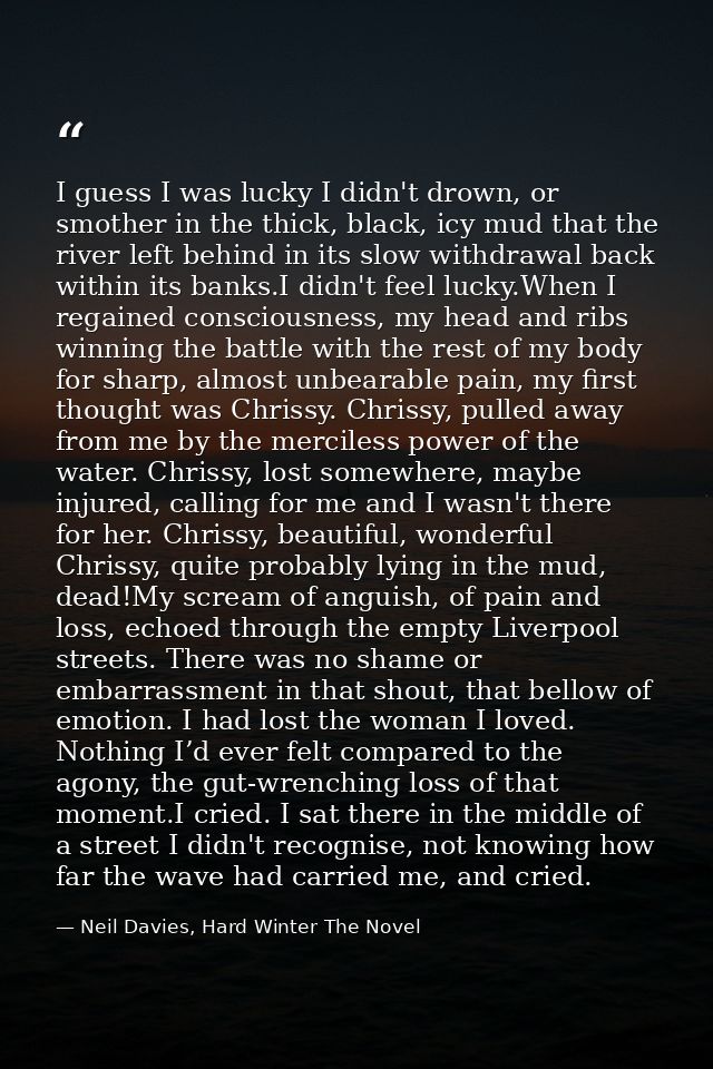 I guess I was lucky I didn't drown, or smother in the thick, black, icy mud that the river left behind in its slow withd — Neil Davies, Hard Winter The Novel