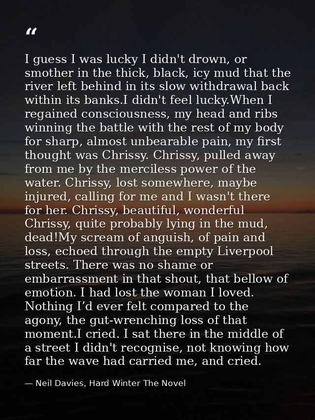 I guess I was lucky I didn't drown, or smother in the thick, black, icy mud that the river left behind in its slow withd — Neil Davies, Hard Winter The Novel