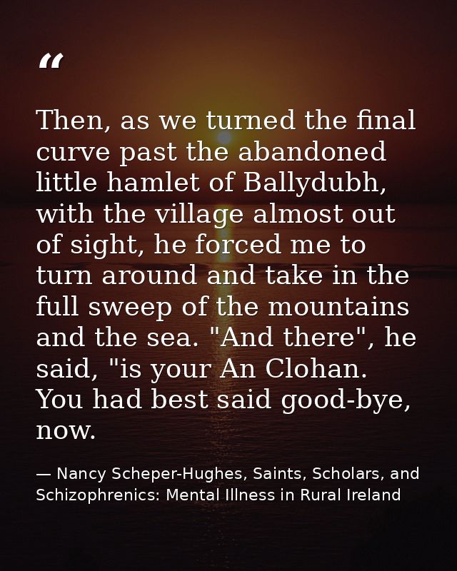 Then, as we turned the final curve past the abandoned little hamlet of Ballydubh, with the village almost out of sight,  — Nancy Scheper-Hughes, Saints, Scholars, and Schizophrenics: Mental Illness in Rural Ireland