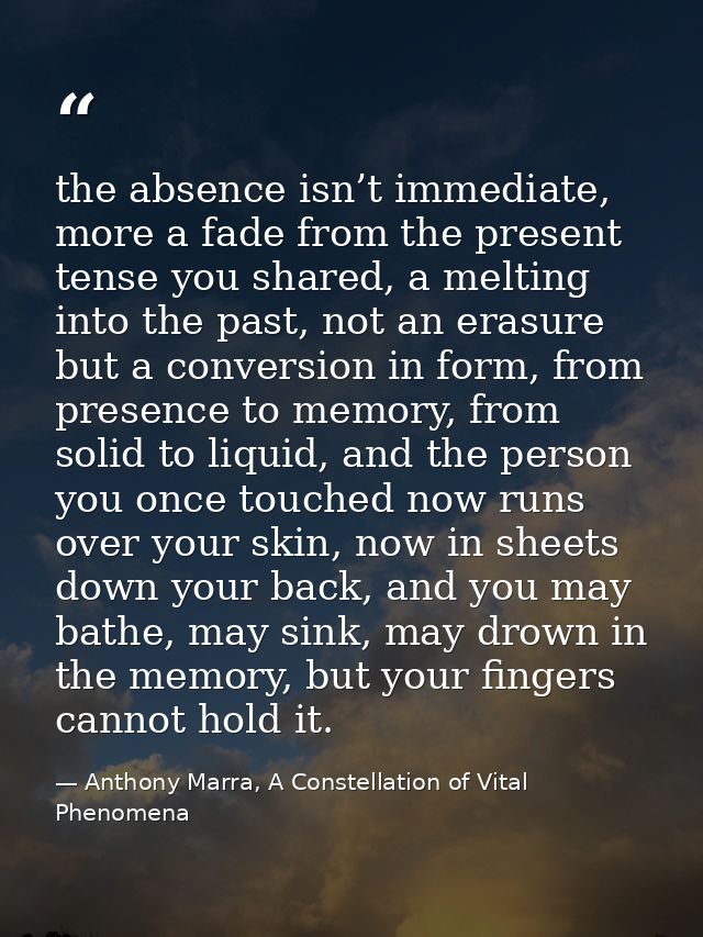 the absence isn’t immediate, more a fade from the present tense you shared, a melting into the past, not an erasure but  — Anthony Marra, A Constellation of Vital Phenomena
