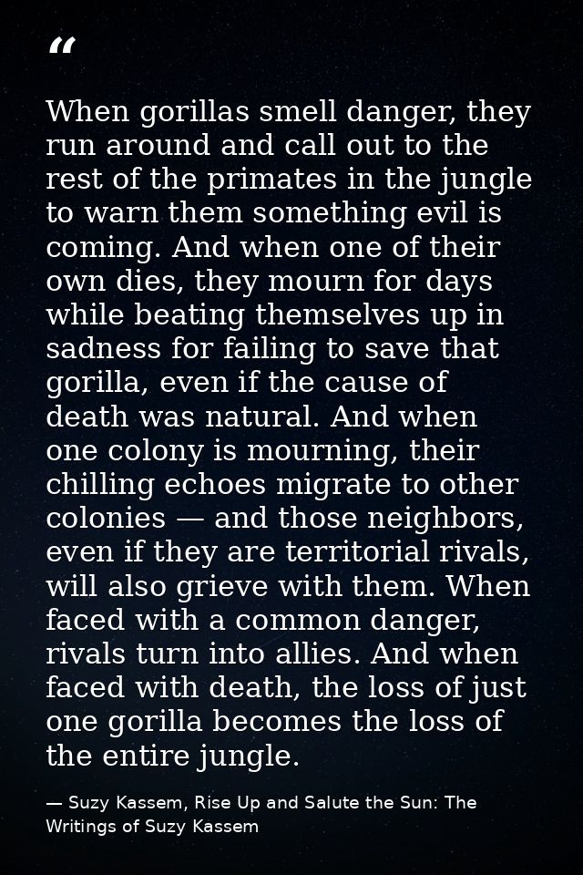 When gorillas smell danger, they run around and call out to the rest of the primates in the jungle to warn them somethin — Suzy Kassem, Rise Up and Salute the Sun: The Writings of Suzy Kassem