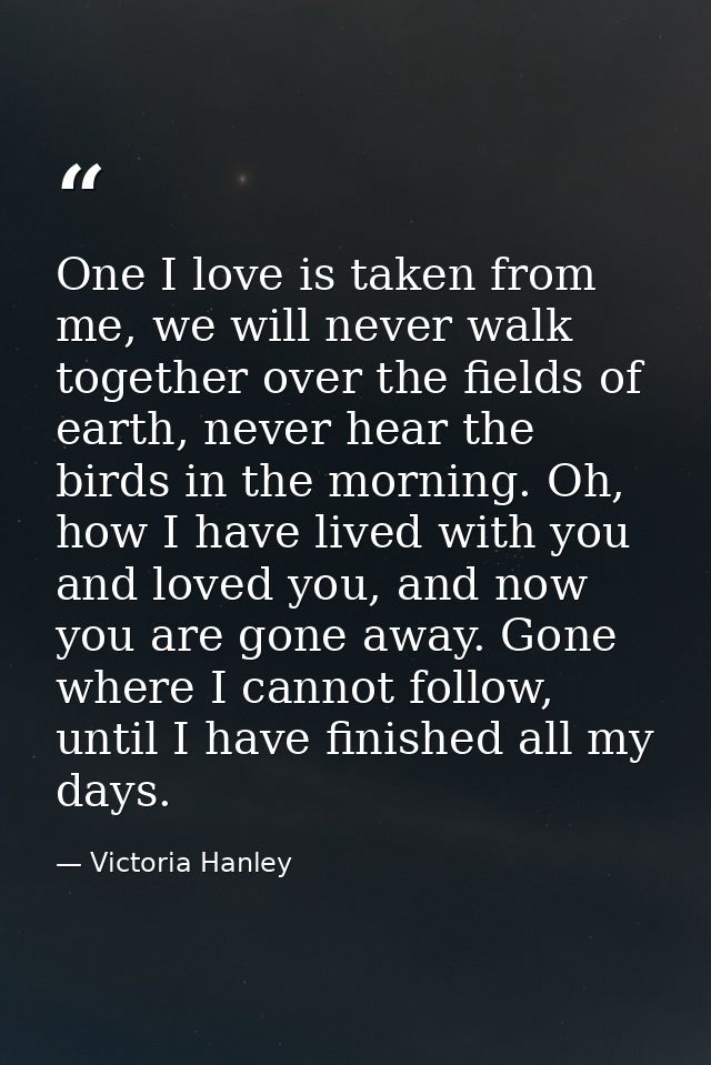 One I love is taken from me, we will never walk together over the fields of earth, never hear the birds in the morning.  — Victoria Hanley