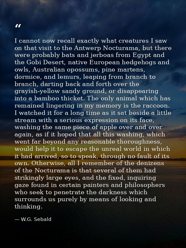 I cannot now recall exactly what creatures I saw on that visit to the Antwerp Nocturama, but there were probably bats an — W.G. Sebald