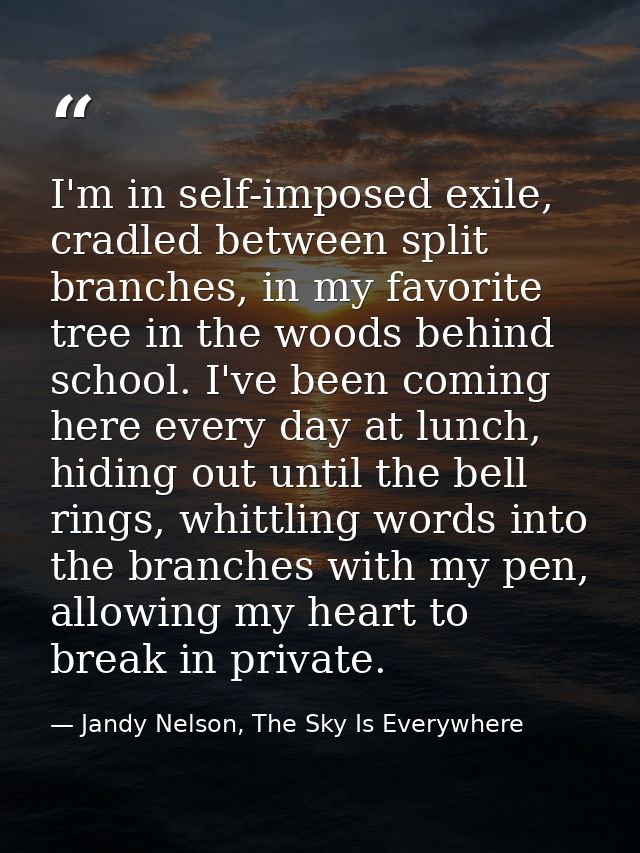 I'm in self-imposed exile, cradled between split branches, in my favorite tree in the woods behind school. I've been com — Jandy Nelson, The Sky Is Everywhere