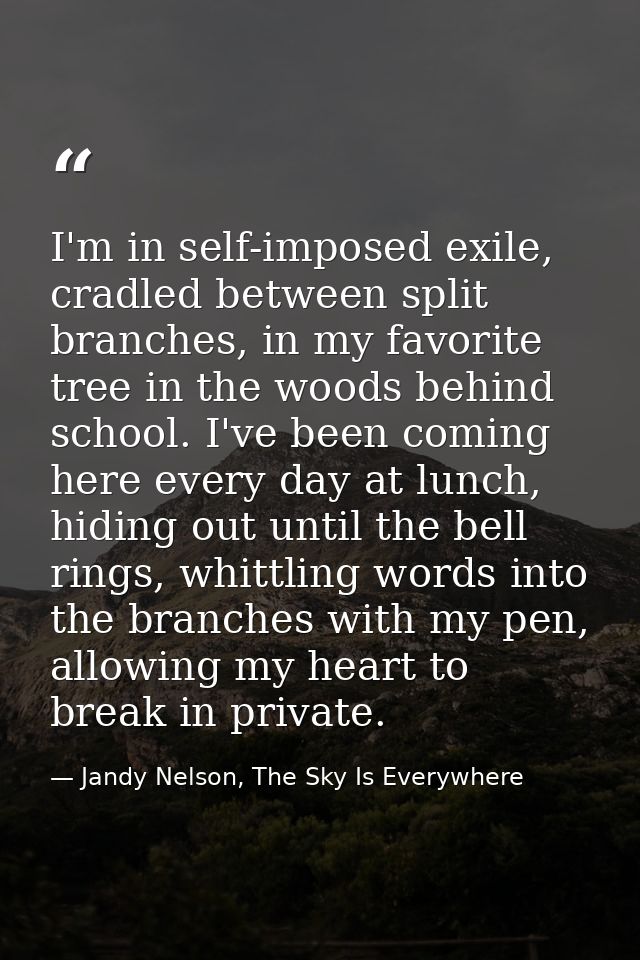I'm in self-imposed exile, cradled between split branches, in my favorite tree in the woods behind school. I've been com — Jandy Nelson, The Sky Is Everywhere