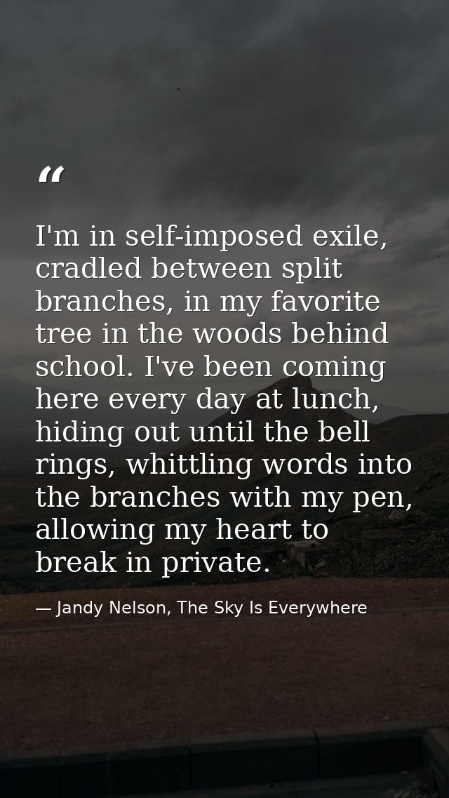I'm in self-imposed exile, cradled between split branches, in my favorite tree in the woods behind school. I've been com — Jandy Nelson, The Sky Is Everywhere