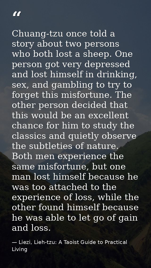 Chuang-tzu once told a story about two persons who both lost a sheep. One person got very depressed and lost himself in  — Liezi, Lieh-tzu: A Taoist Guide to Practical Living