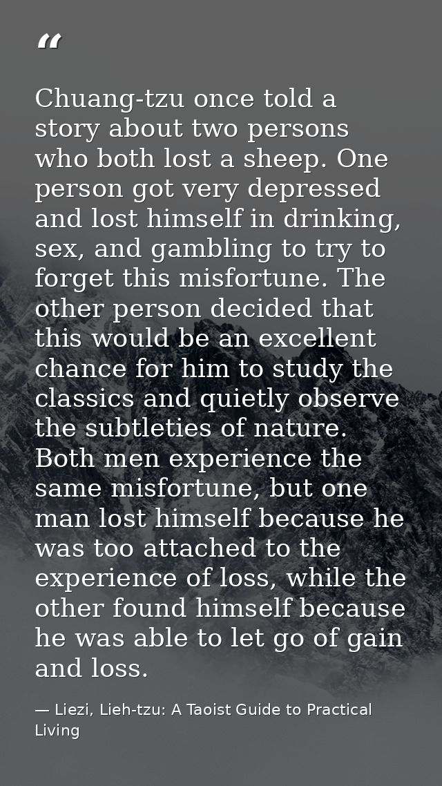 Chuang-tzu once told a story about two persons who both lost a sheep. One person got very depressed and lost himself in  — Liezi, Lieh-tzu: A Taoist Guide to Practical Living