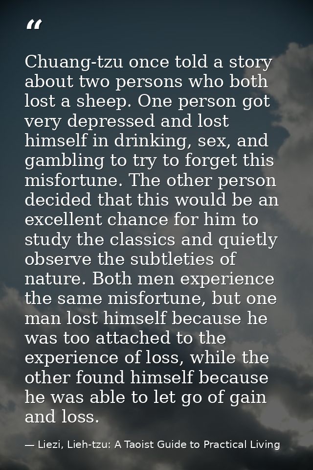 Chuang-tzu once told a story about two persons who both lost a sheep. One person got very depressed and lost himself in  — Liezi, Lieh-tzu: A Taoist Guide to Practical Living
