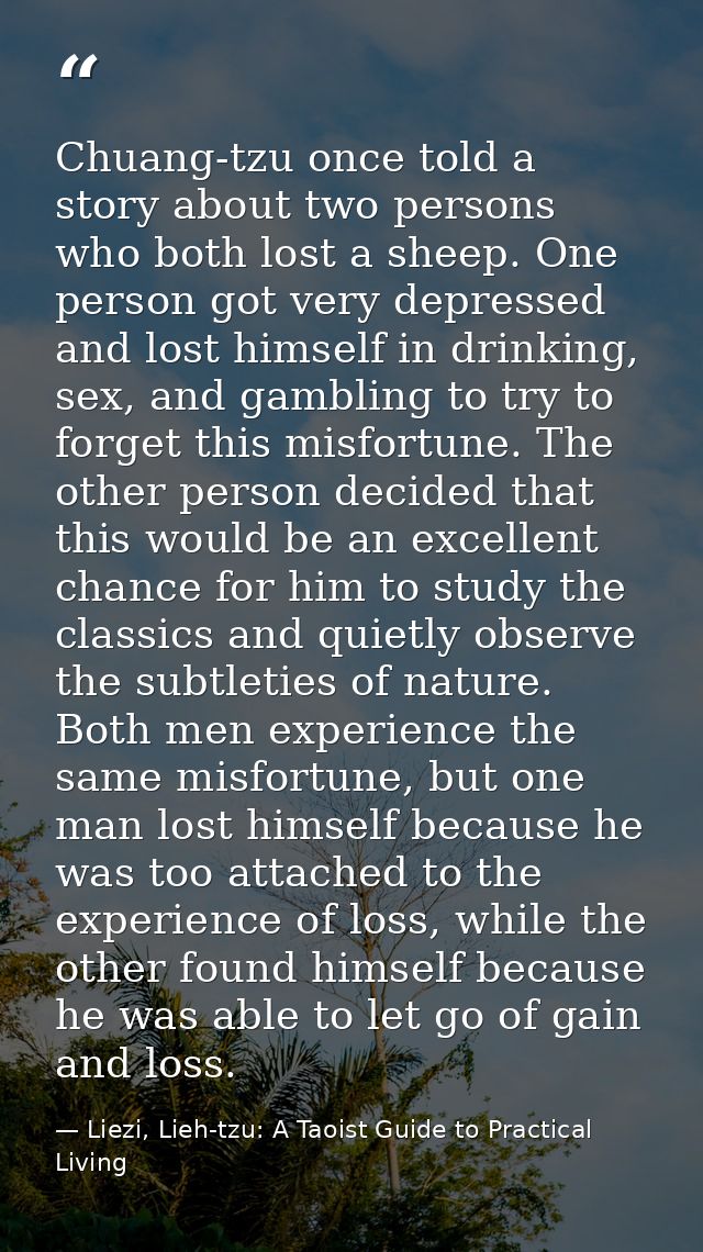 Chuang-tzu once told a story about two persons who both lost a sheep. One person got very depressed and lost himself in  — Liezi, Lieh-tzu: A Taoist Guide to Practical Living