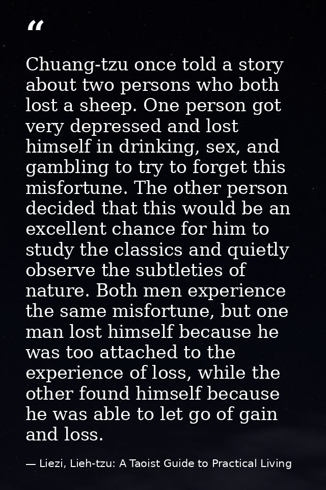 Chuang-tzu once told a story about two persons who both lost a sheep. One person got very depressed and lost himself in  — Liezi, Lieh-tzu: A Taoist Guide to Practical Living