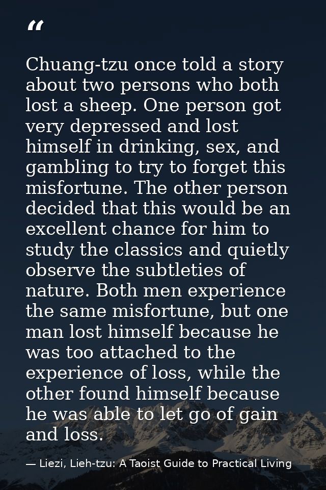 Chuang-tzu once told a story about two persons who both lost a sheep. One person got very depressed and lost himself in  — Liezi, Lieh-tzu: A Taoist Guide to Practical Living
