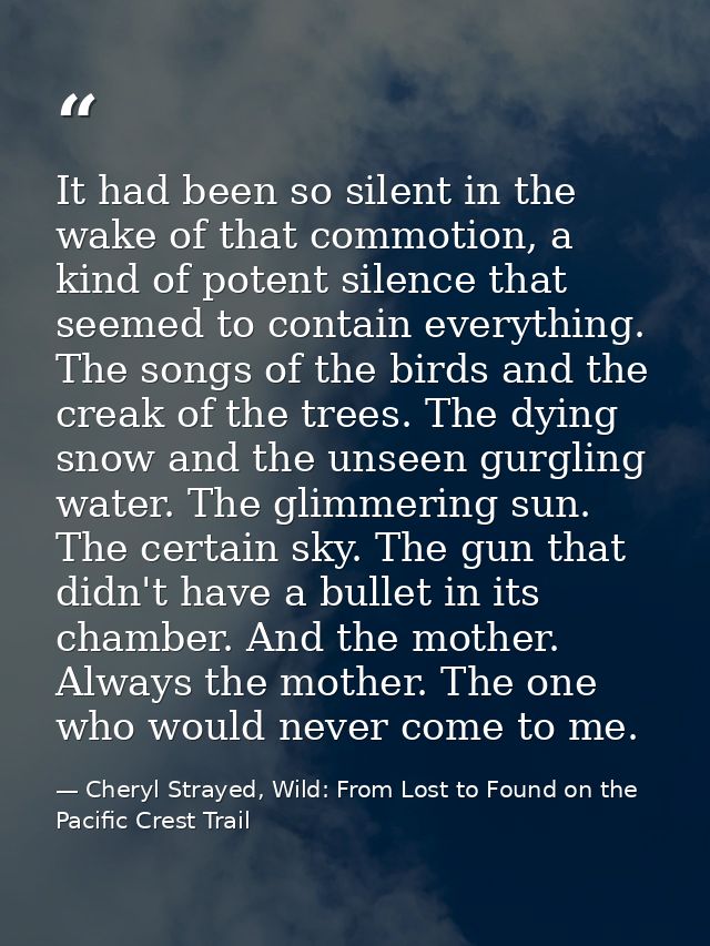 It had been so silent in the wake of that commotion, a kind of potent silence that seemed to contain everything. The son — Cheryl Strayed, Wild: From Lost to Found on the Pacific Crest Trail