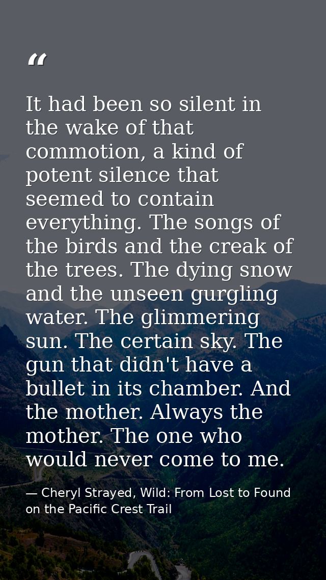 It had been so silent in the wake of that commotion, a kind of potent silence that seemed to contain everything. The son — Cheryl Strayed, Wild: From Lost to Found on the Pacific Crest Trail