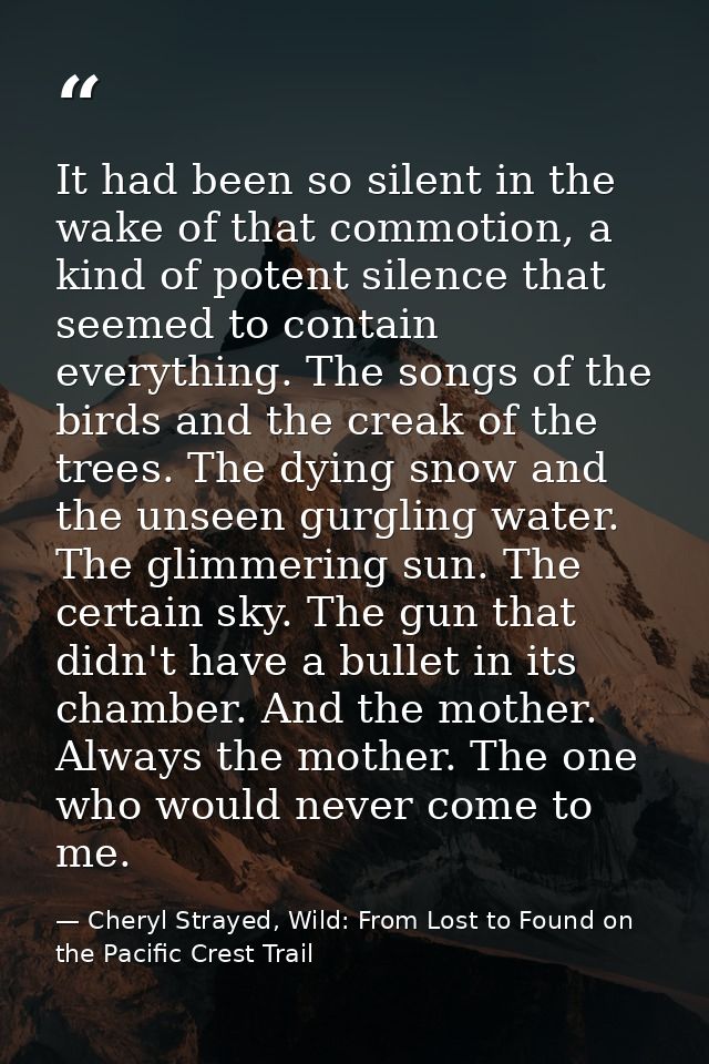 It had been so silent in the wake of that commotion, a kind of potent silence that seemed to contain everything. The son — Cheryl Strayed, Wild: From Lost to Found on the Pacific Crest Trail