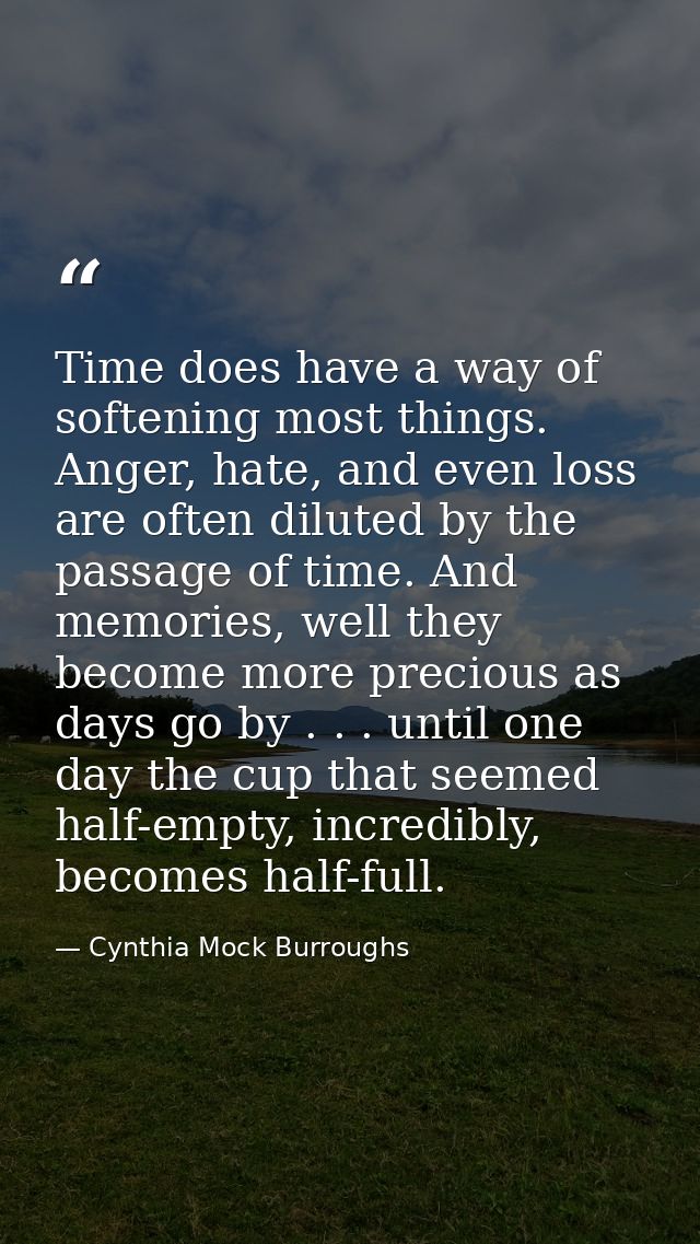 Time does have a way of softening most things. Anger, hate, and even loss are often diluted by the passage of time. And  — Cynthia Mock Burroughs