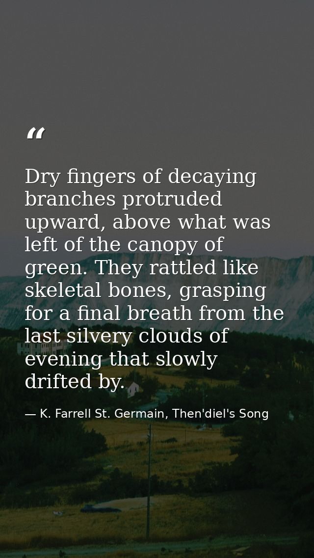 Dry fingers of decaying branches protruded upward, above what was left of the canopy of green. They rattled like skeleta — K. Farrell St. Germain, Then'diel's Song