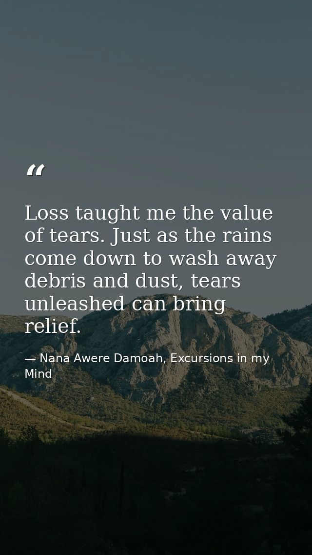 Loss taught me the value of tears. Just as the rains come down to wash away debris and dust, tears unleashed can bring r — Nana Awere Damoah, Excursions in my Mind
