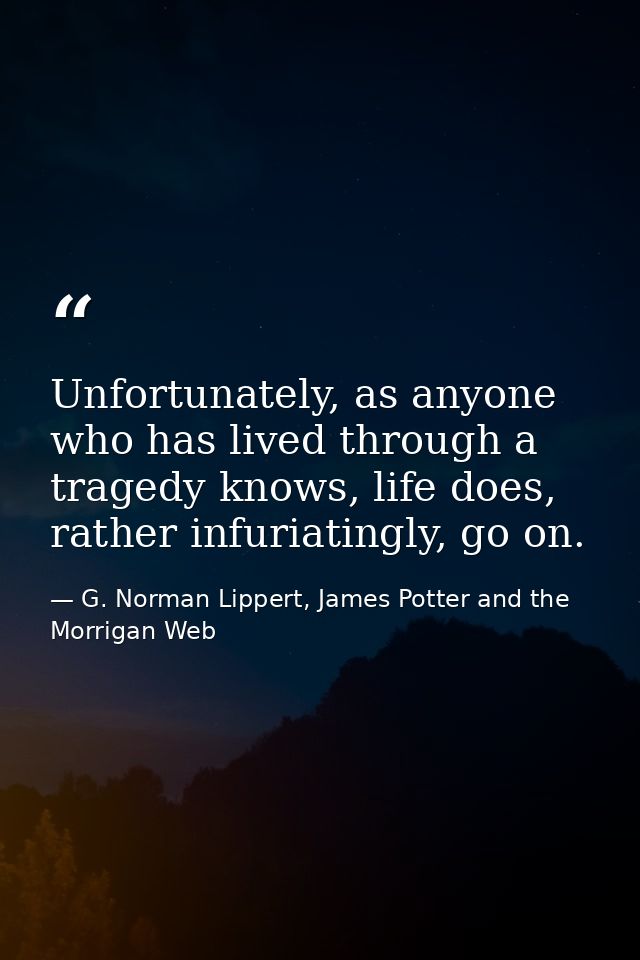 Unfortunately, as anyone who has lived through a tragedy knows, life does, rather infuriatingly, go on. — G. Norman Lippert, James Potter and the Morrigan Web