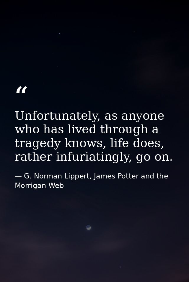 Unfortunately, as anyone who has lived through a tragedy knows, life does, rather infuriatingly, go on. — G. Norman Lippert, James Potter and the Morrigan Web