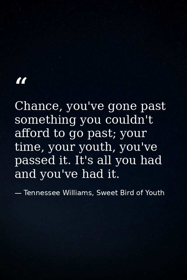 Chance, you've gone past something you couldn't afford to go past; your time, your youth, you've passed it. It's all you — Tennessee Williams, Sweet Bird of Youth