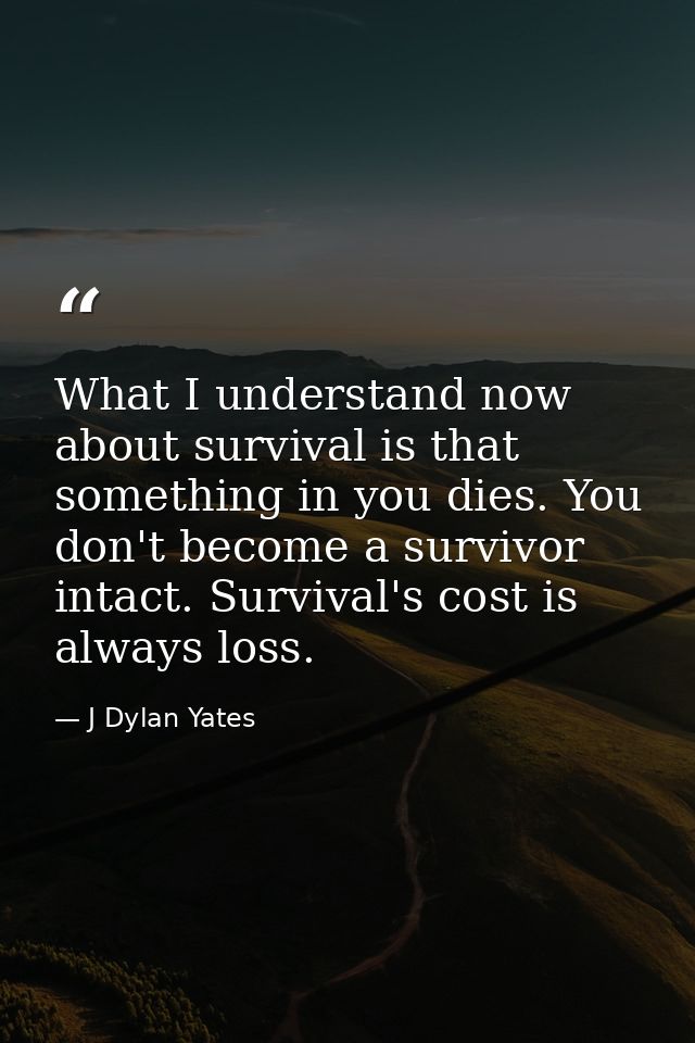 What I understand now about survival is that something in you dies. You don't become a survivor intact. Survival's cost  — J Dylan Yates