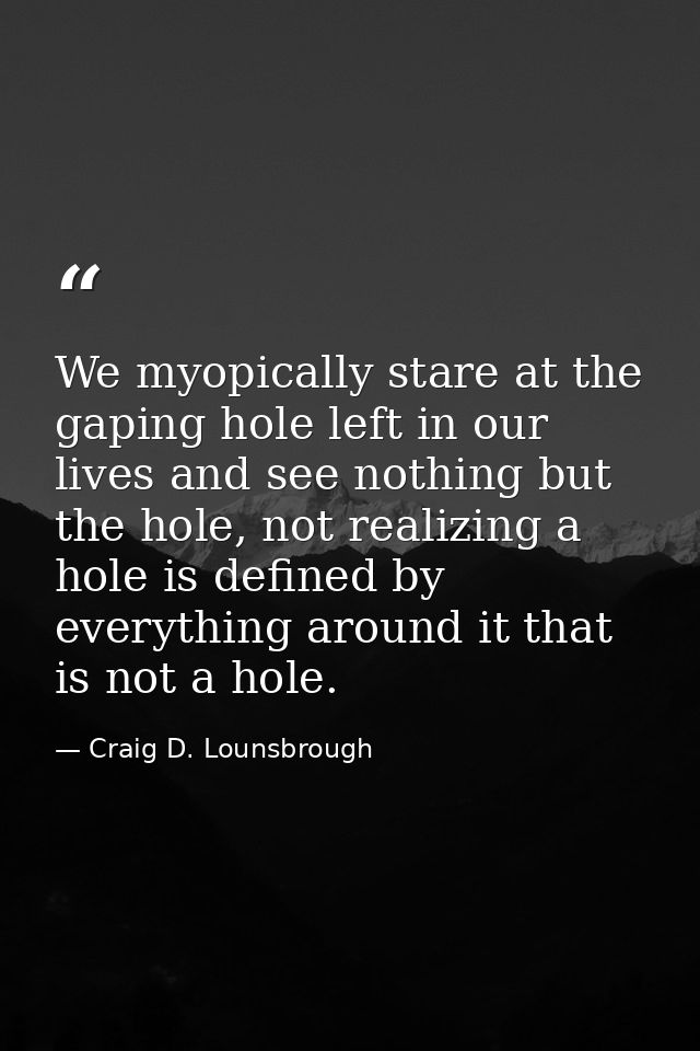 We myopically stare at the gaping hole left in our lives and see nothing but the hole, not realizing a hole is defined b — Craig D. Lounsbrough
