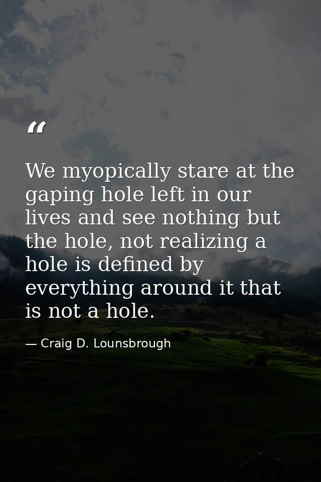 We myopically stare at the gaping hole left in our lives and see nothing but the hole, not realizing a hole is defined b — Craig D. Lounsbrough