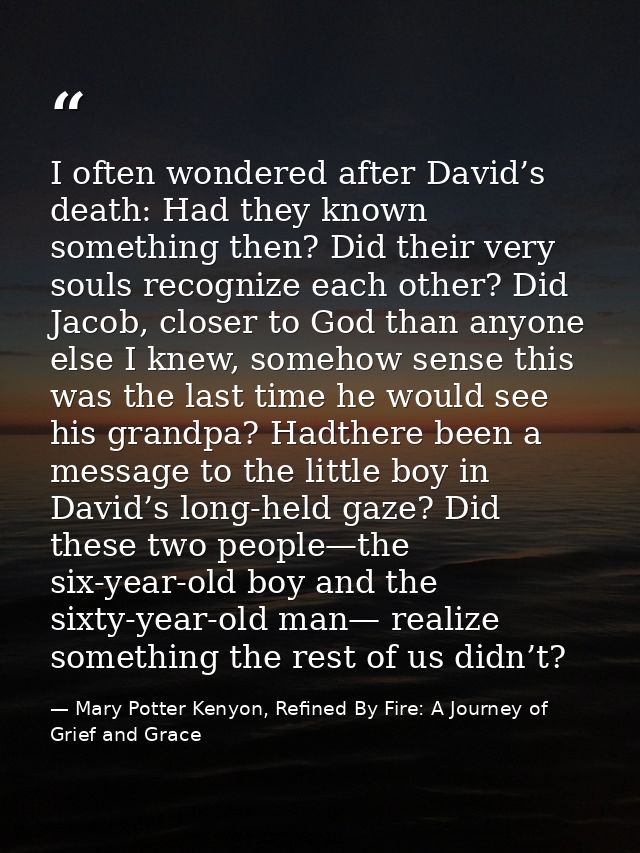 I often wondered after David’s death: Had they known something then? Did their very souls recognize each other? Did Jaco — Mary Potter Kenyon, Refined By Fire: A Journey of Grief and Grace