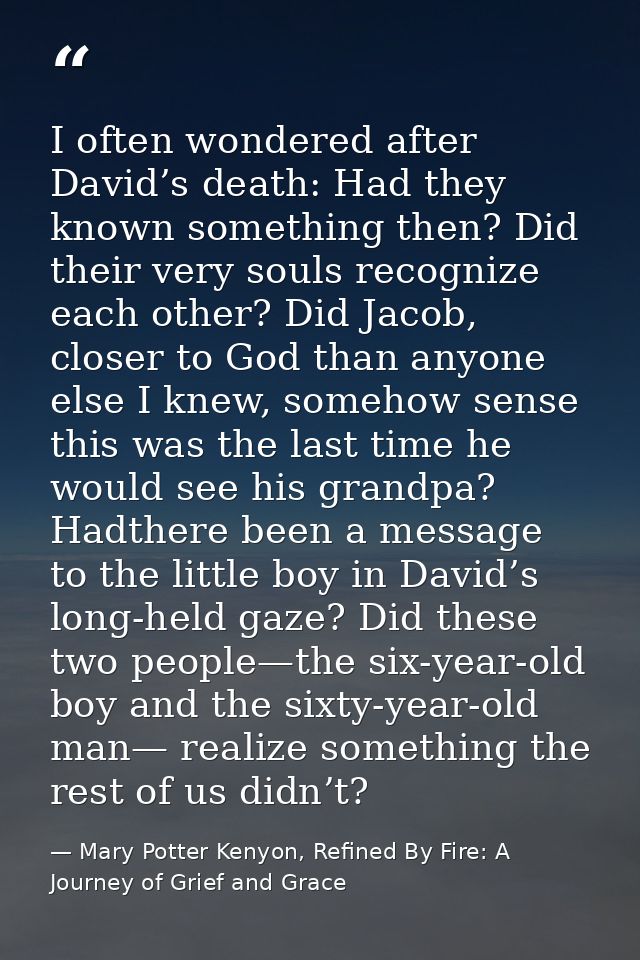I often wondered after David’s death: Had they known something then? Did their very souls recognize each other? Did Jaco — Mary Potter Kenyon, Refined By Fire: A Journey of Grief and Grace