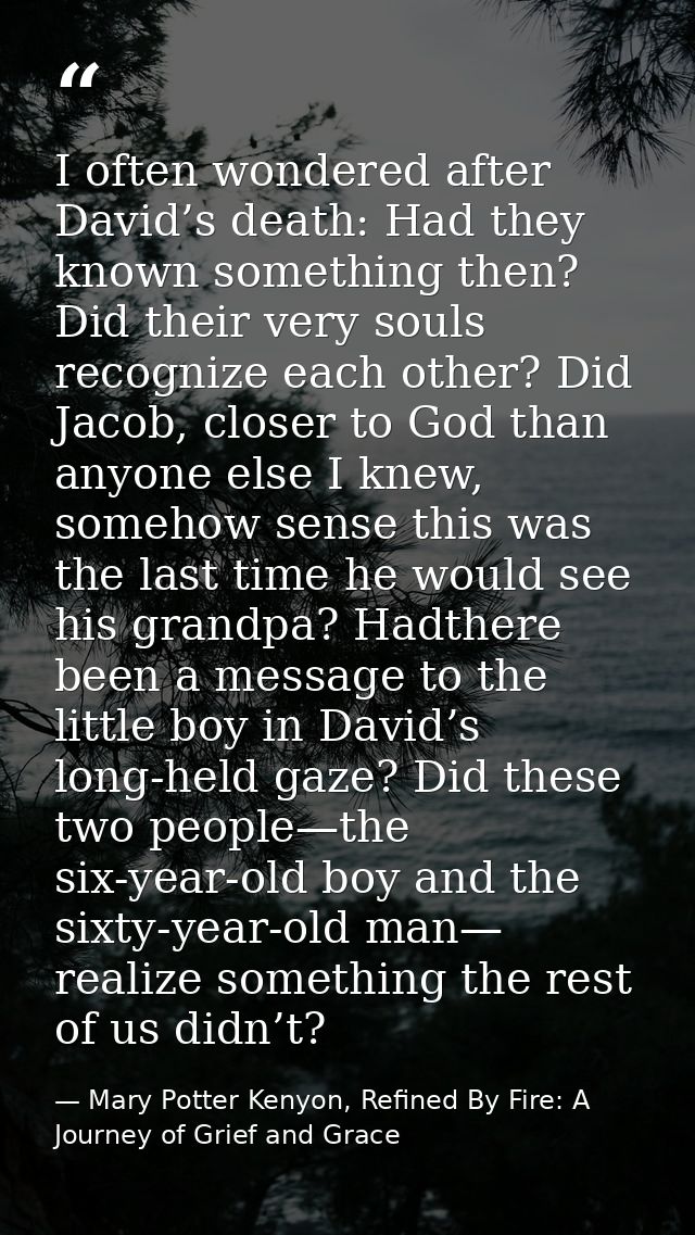 I often wondered after David’s death: Had they known something then? Did their very souls recognize each other? Did Jaco — Mary Potter Kenyon, Refined By Fire: A Journey of Grief and Grace