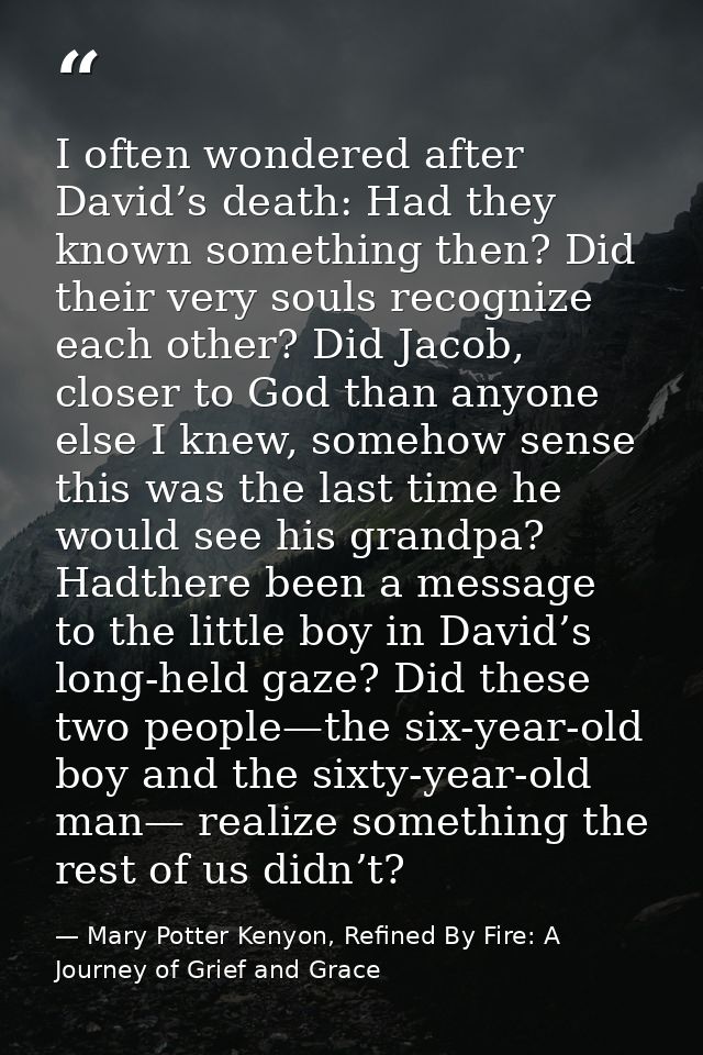 I often wondered after David’s death: Had they known something then? Did their very souls recognize each other? Did Jaco — Mary Potter Kenyon, Refined By Fire: A Journey of Grief and Grace