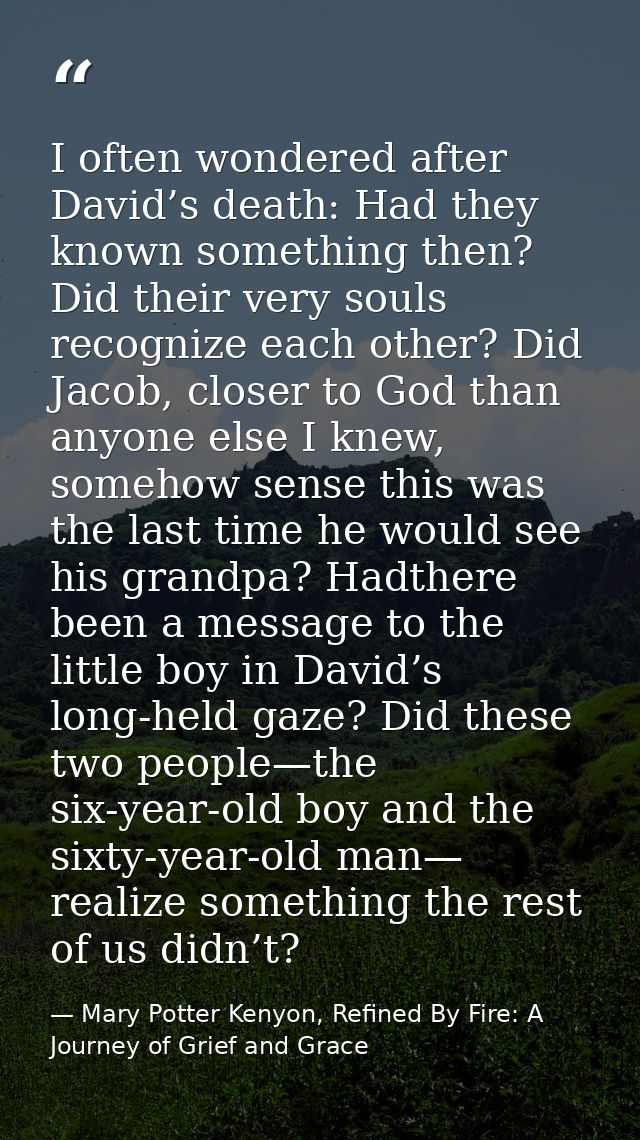 I often wondered after David’s death: Had they known something then? Did their very souls recognize each other? Did Jaco — Mary Potter Kenyon, Refined By Fire: A Journey of Grief and Grace