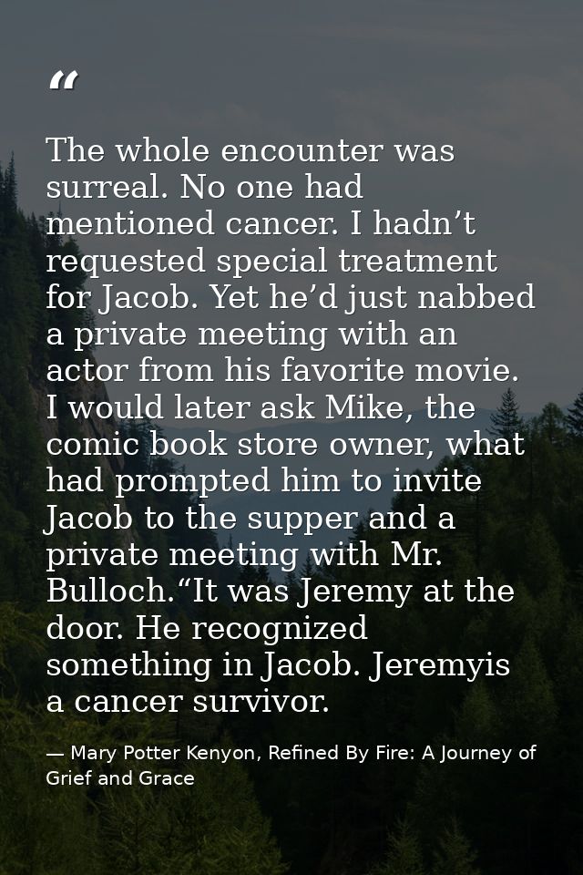 The whole encounter was surreal. No one had mentioned cancer. I hadn’t requested special treatment for Jacob. Yet he’d j — Mary Potter Kenyon, Refined By Fire: A Journey of Grief and Grace