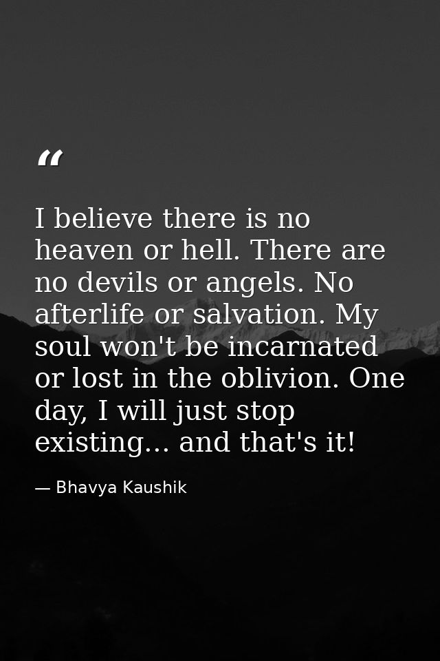 I believe there is no heaven or hell. There are no devils or angels. No afterlife or salvation. My soul won't be incarna — Bhavya Kaushik