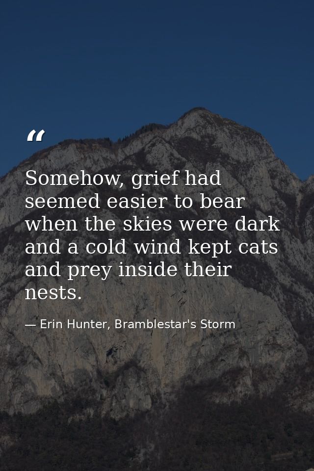 Somehow, grief had seemed easier to bear when the skies were dark and a cold wind kept cats and prey inside their nests. — Erin Hunter, Bramblestar's Storm