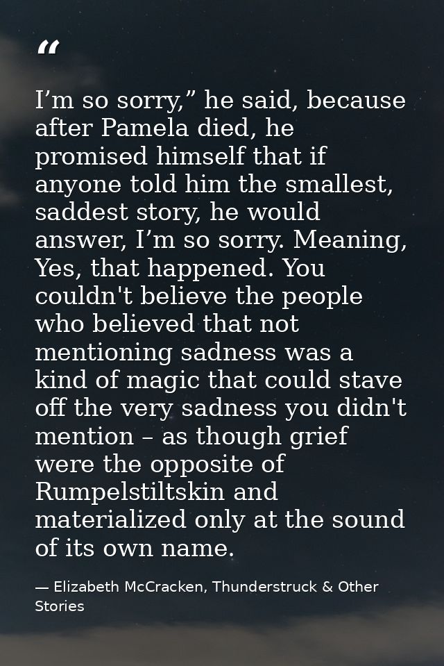 I’m so sorry,” he said, because after Pamela died, he promised himself that if anyone told him the smallest, saddest sto — Elizabeth McCracken, Thunderstruck & Other Stories