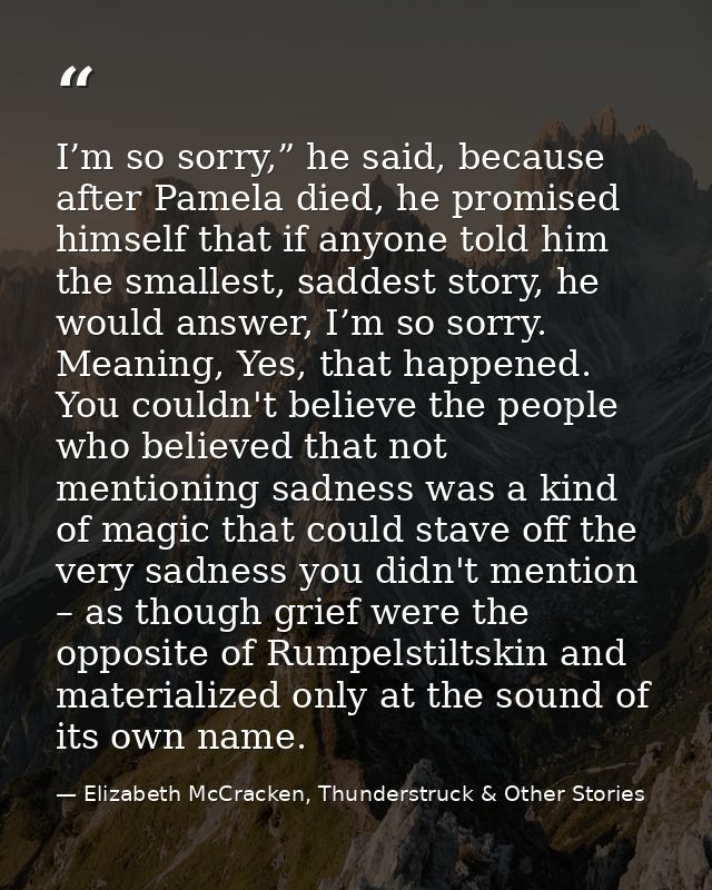 I’m so sorry,” he said, because after Pamela died, he promised himself that if anyone told him the smallest, saddest sto — Elizabeth McCracken, Thunderstruck & Other Stories