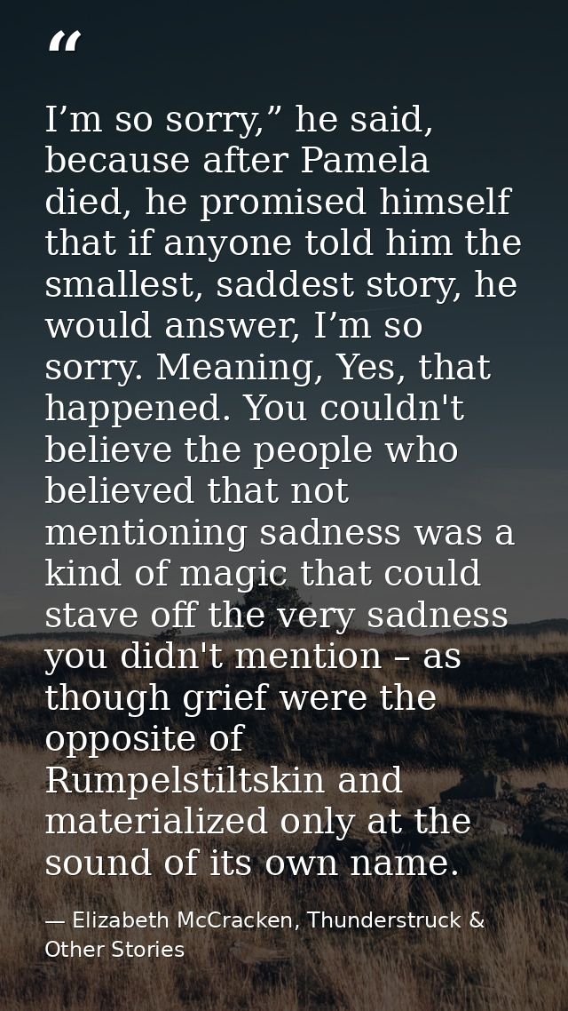 I’m so sorry,” he said, because after Pamela died, he promised himself that if anyone told him the smallest, saddest sto — Elizabeth McCracken, Thunderstruck & Other Stories