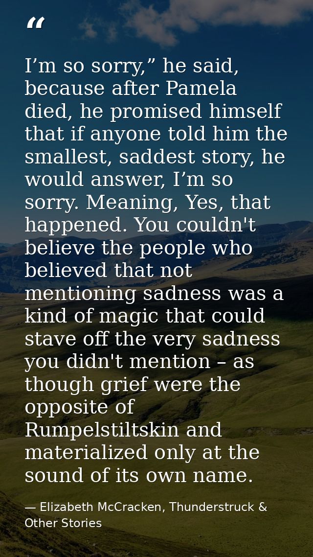 I’m so sorry,” he said, because after Pamela died, he promised himself that if anyone told him the smallest, saddest sto — Elizabeth McCracken, Thunderstruck & Other Stories